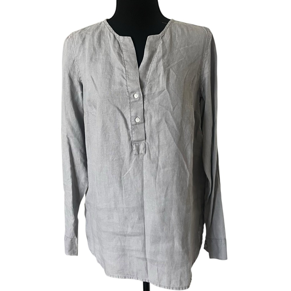 Jones New York Sport Grey 100% Linen Long Sleeve Button V-Neck Tunic Top Small